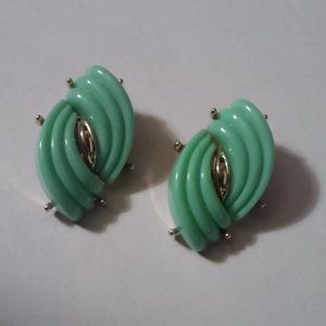 Vintage Clip On Earrings Light Green 1 1/4" Long 3/4" Wide